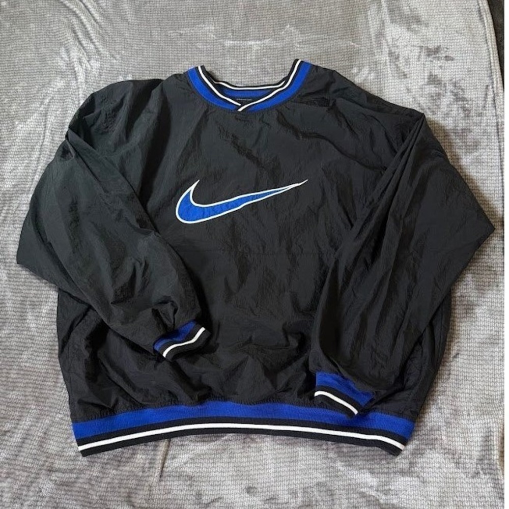 Vintage Nike Windbreaker Pullover V-Neck Big Swoosh Black Lined Mens XXL TTG XXG